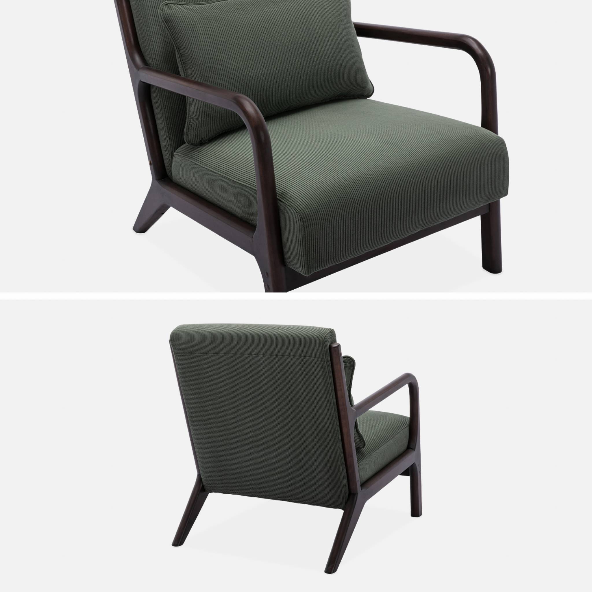 Fauteuil velours côtelé vert . pieds bois d'hévéa teinté wengé. 1 place droit fixe. pieds compas scandinave. structure en bois solide