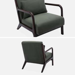 Fauteuil velours côtelé vert . pieds bois d'hévéa teinté wengé. 1 place droit fixe. pieds compas scandinave. structure en bois solide