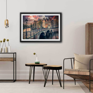 Affiche deco Amsterdam Canaux et ponts Affiche + cadre en bois - Noir