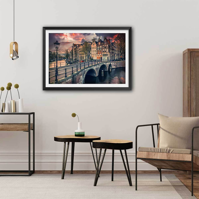 Affiche deco Amsterdam Canaux et ponts Affiche + cadre en bois - Noir