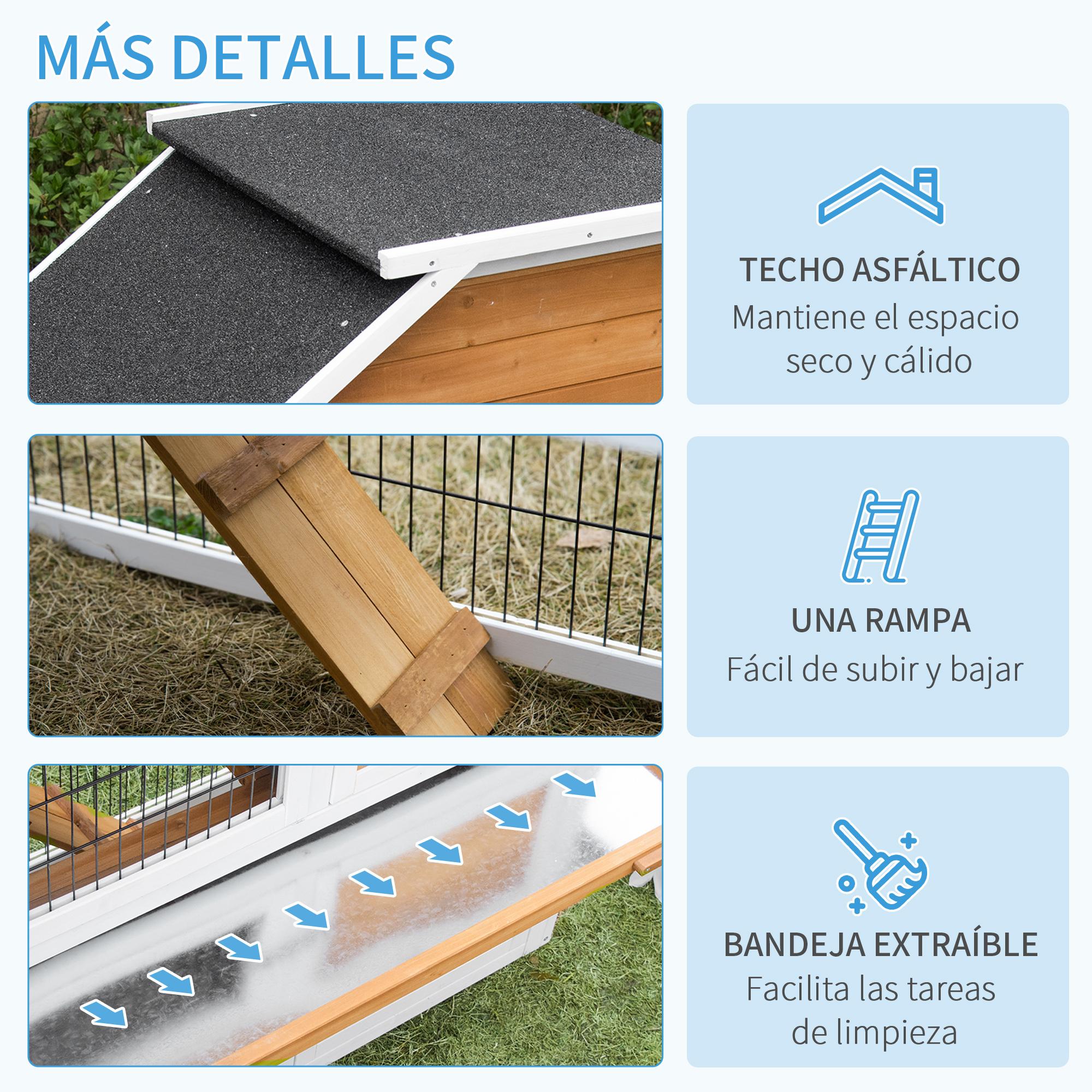 Conejera de Madera Exterior con Techo Asfáltico Jardinera y Bandeja 123x58x106cm