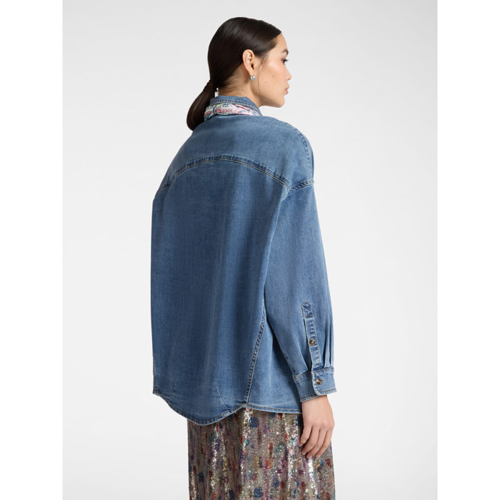 Elena Mirò - Camisa en denim lavado con pañuelo - Azul