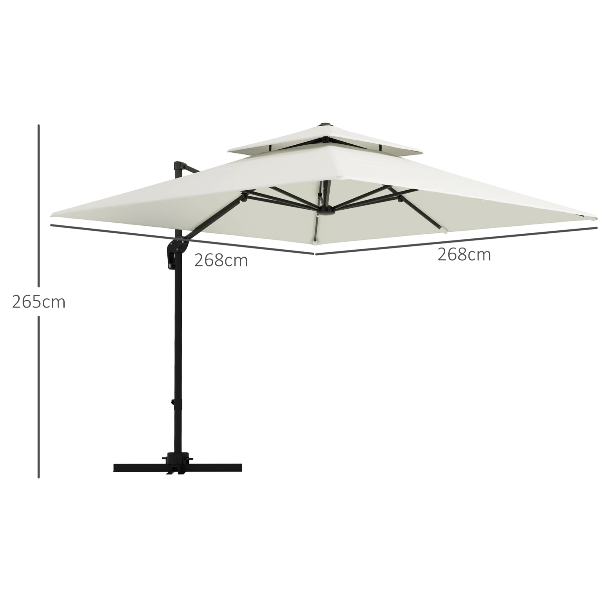 Parasol déporté carré double toit inclinable pivotant manivelle lestage inclus acier polyester écru