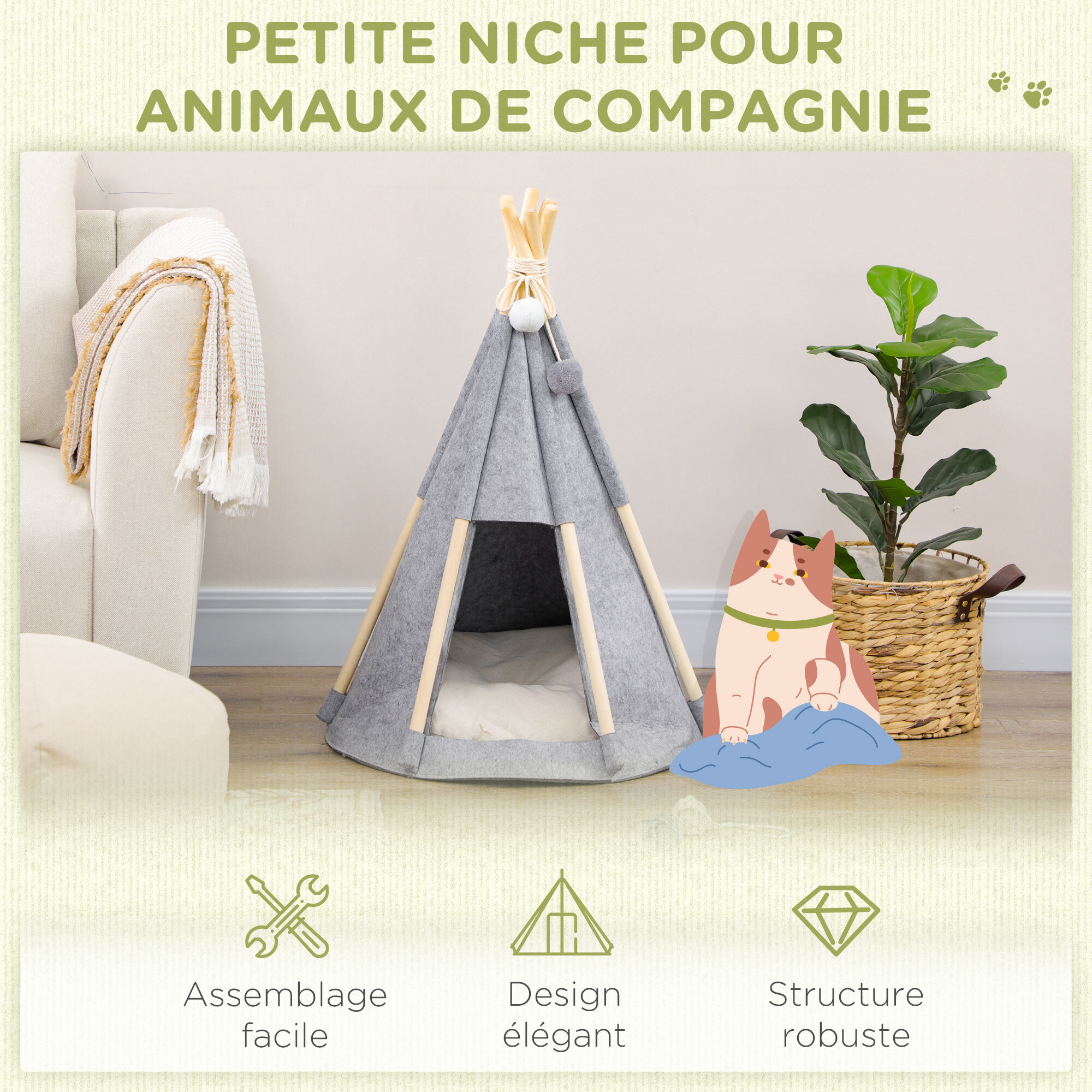 Tente tipi pour animaux - teepee chien chat - coussin épais grand confort inclus - structure bois de pin feutre polyester gris