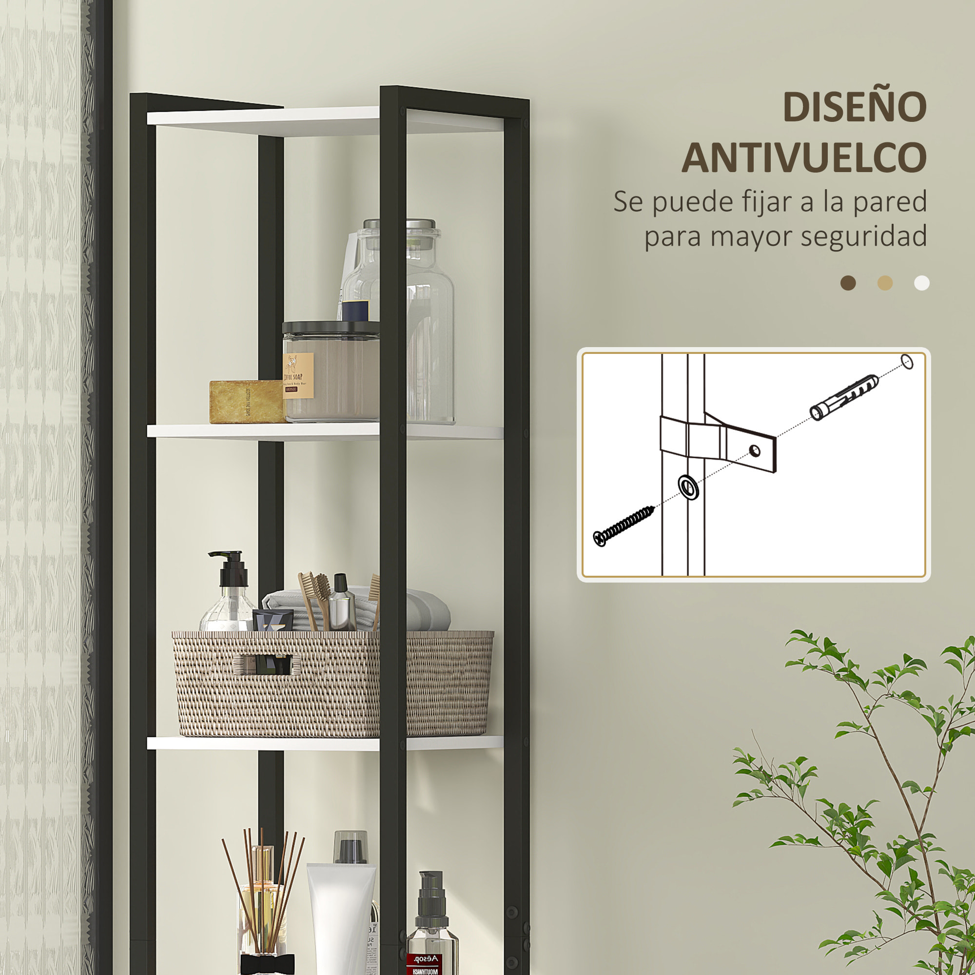 Columna de Baño Armario Alto de Baño con 3 Estantes Abiertos 1 Puerta y Estante Ajustable Mueble Auxiliar de Baño con Sistema Anti-vuelco 30x30x170 cm Blanco y Nogal