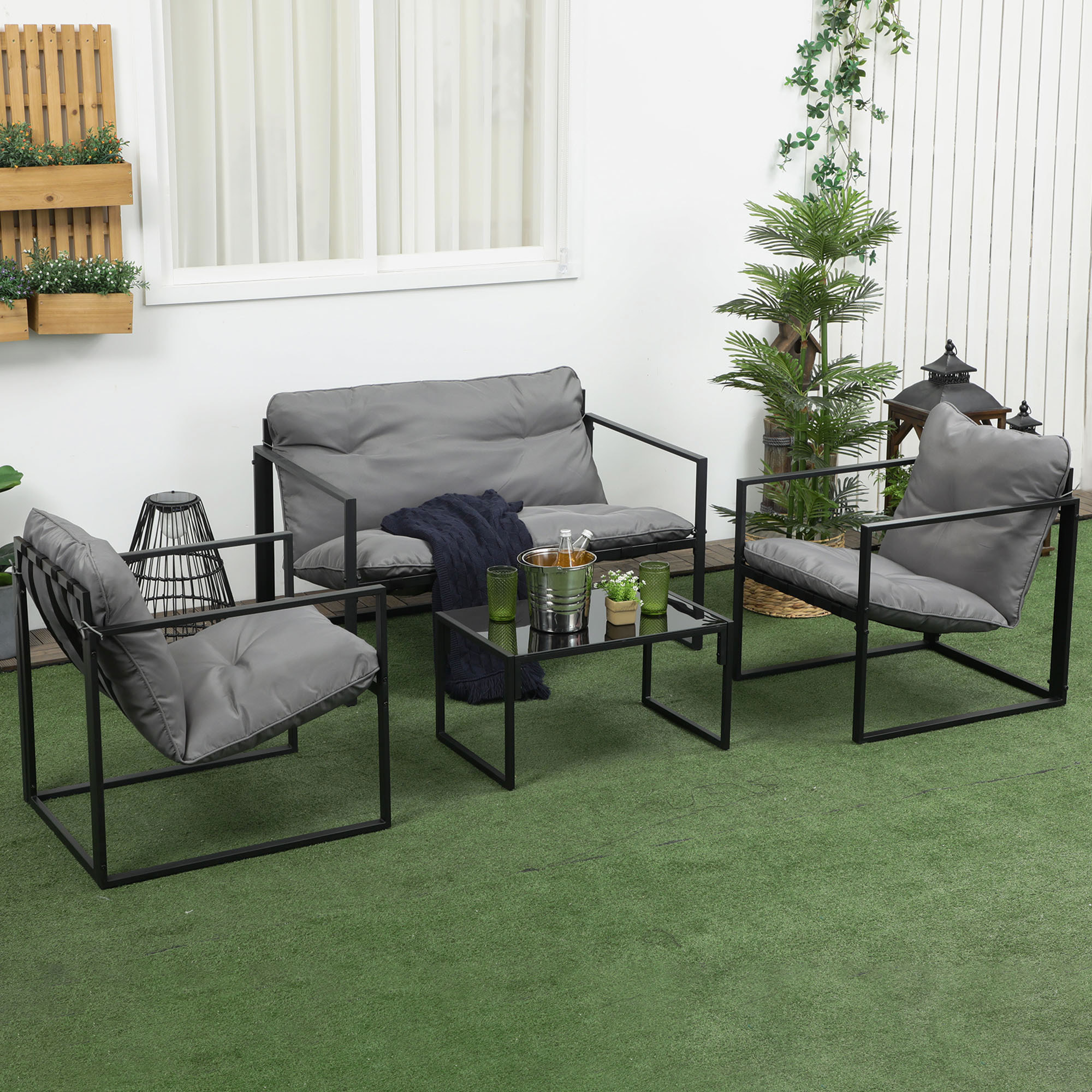 Salon de jardin 4 personnes - 4 pièces, 3 coussins - acier époxy noir polyester gris