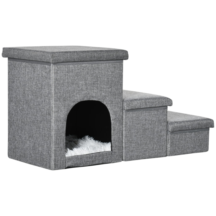 Escalera para Perros Escalera Rampa para Mascotas de 3 Peldaños con Tapas 3 Cajas de Almacenamiento Cueva y Cojín Lavable para Cama Sofá 73,5x33x40,5 cm Gris