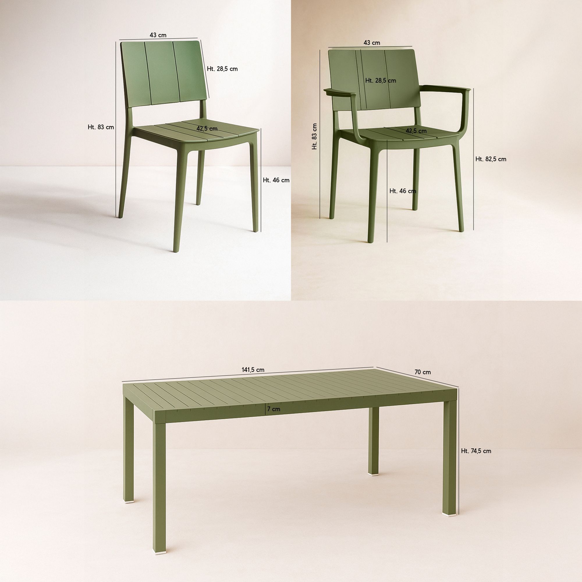Ensemble de repas table et fauteuils en polypropylène vert 6 places PATIO