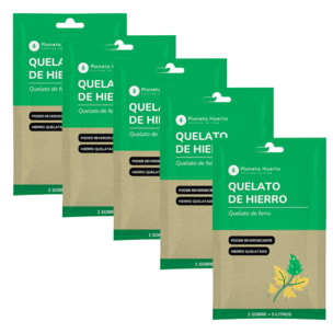 PLANETA HUERTO | Pack Quelato de Hierro Soluble 5 Sobres para 25 L, Corrector de Clorosis Férrica - Pack Quelato con EDDHA 6% Hierro Orto-Orto