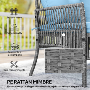 Conjunto de Jardín de Ratán de 3 Piezas, Muebles Jardín Exterior Incluye 1 Sofá de 2 Plazas, 1 Sofá Esquinera, 1 Mesa de Centro con Tablero de Vidrio Templado, Cojines, Resistente, Azul Claro