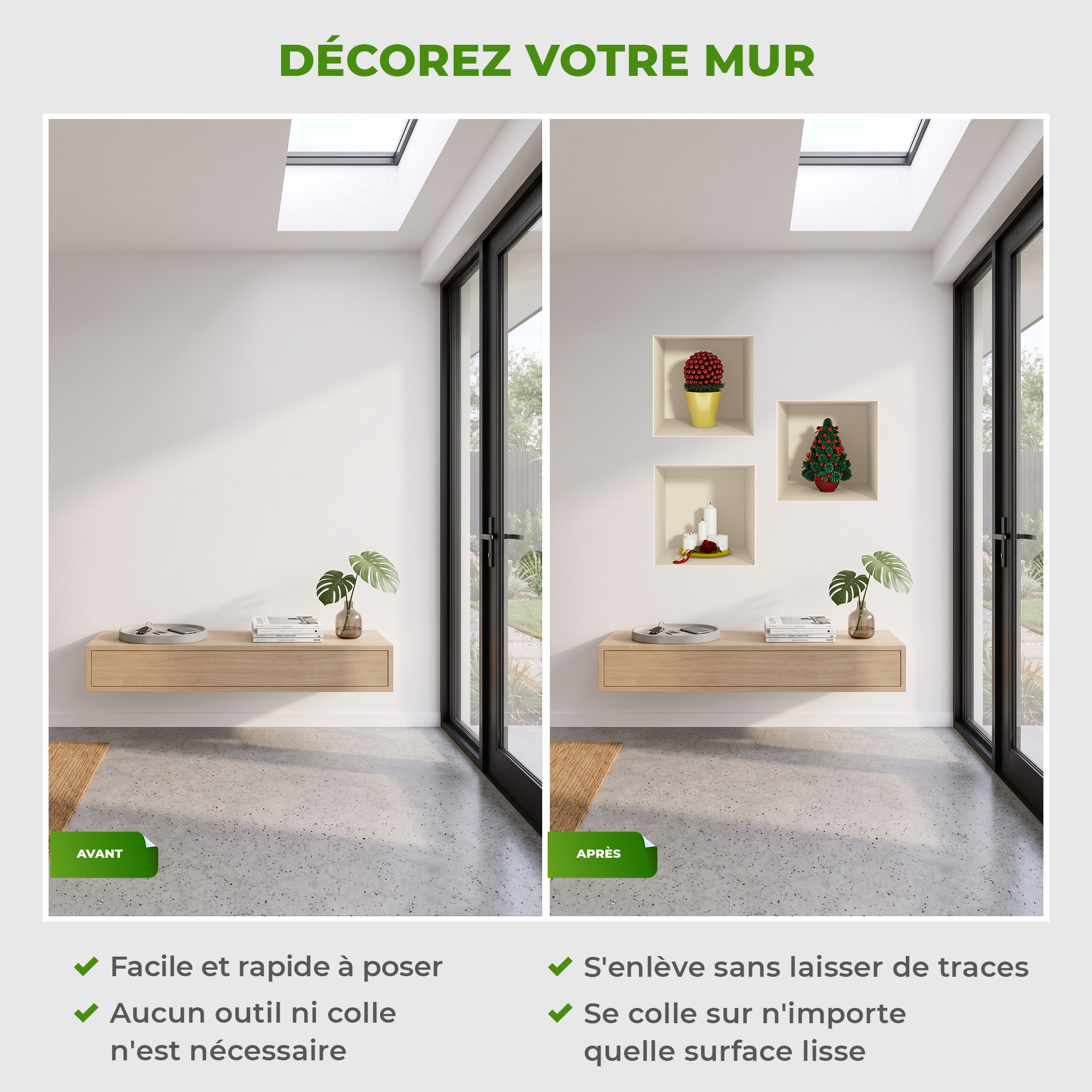 Stickers muraux 3D | Sticker Mural Autocollant effet 3D Noël sapin et bougies - Stickers adhésifs 3D Chambre Salon Trompe l'oeil