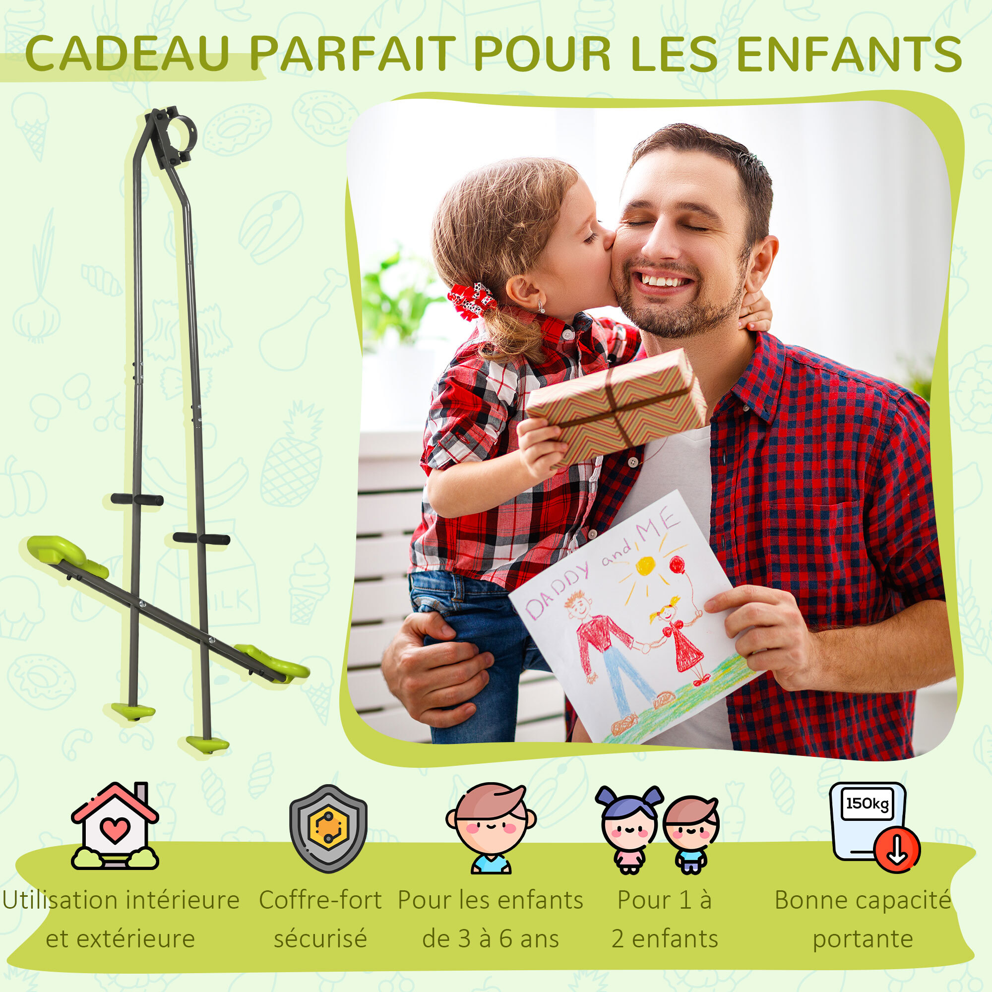 Balançoire agrès face à face enfant 3 à 6 ans - selles larges, guidon, repose-pied - gris vert