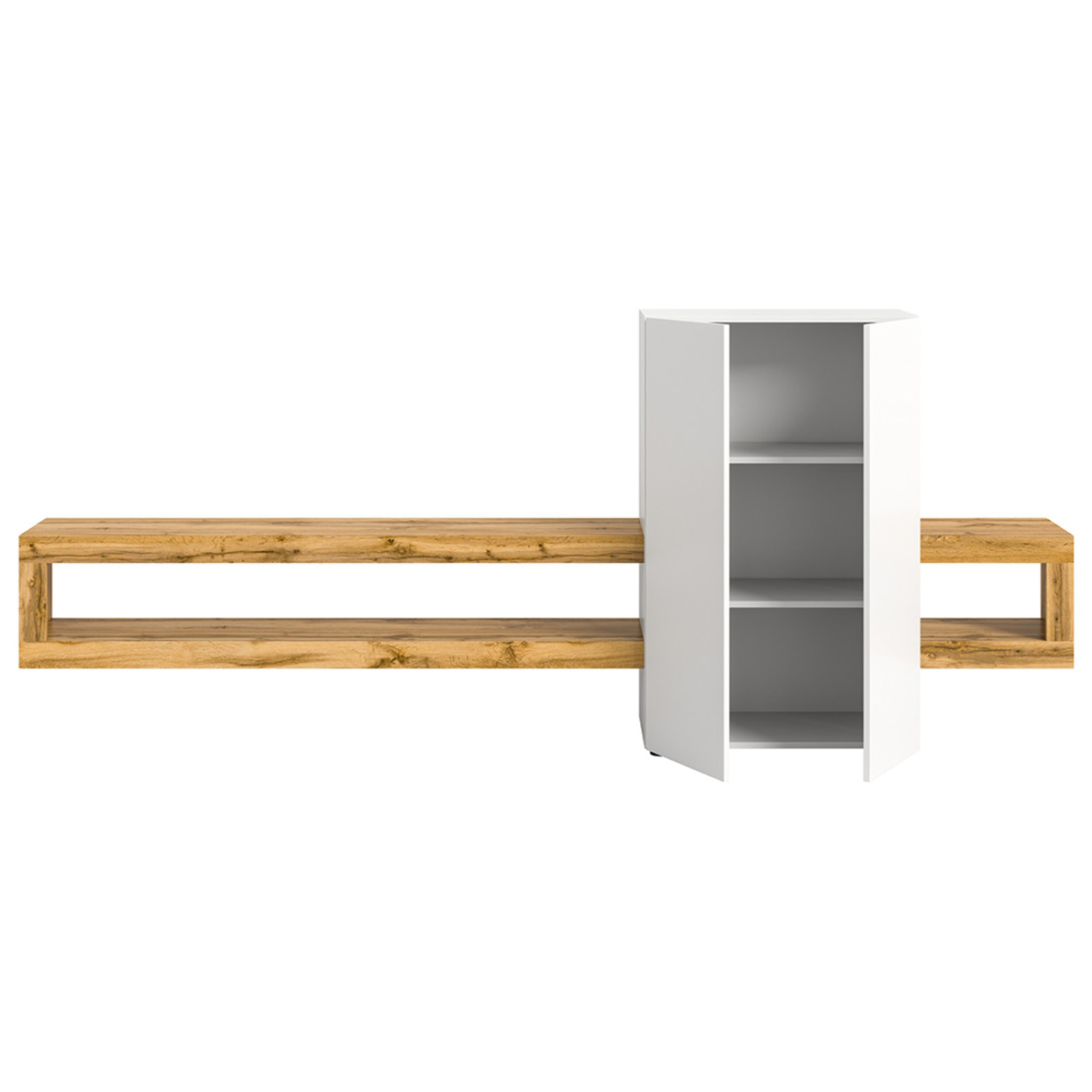 Ned - meuble tv suspendu - 2 portes et 2 étagères - bois et blanc - 270 cm - Bois / Blanc