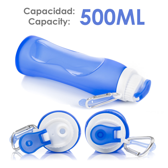 Bottiglia pieghevole rotolabile da 500ml, in silicone di grado alimentare. Con moschettone.