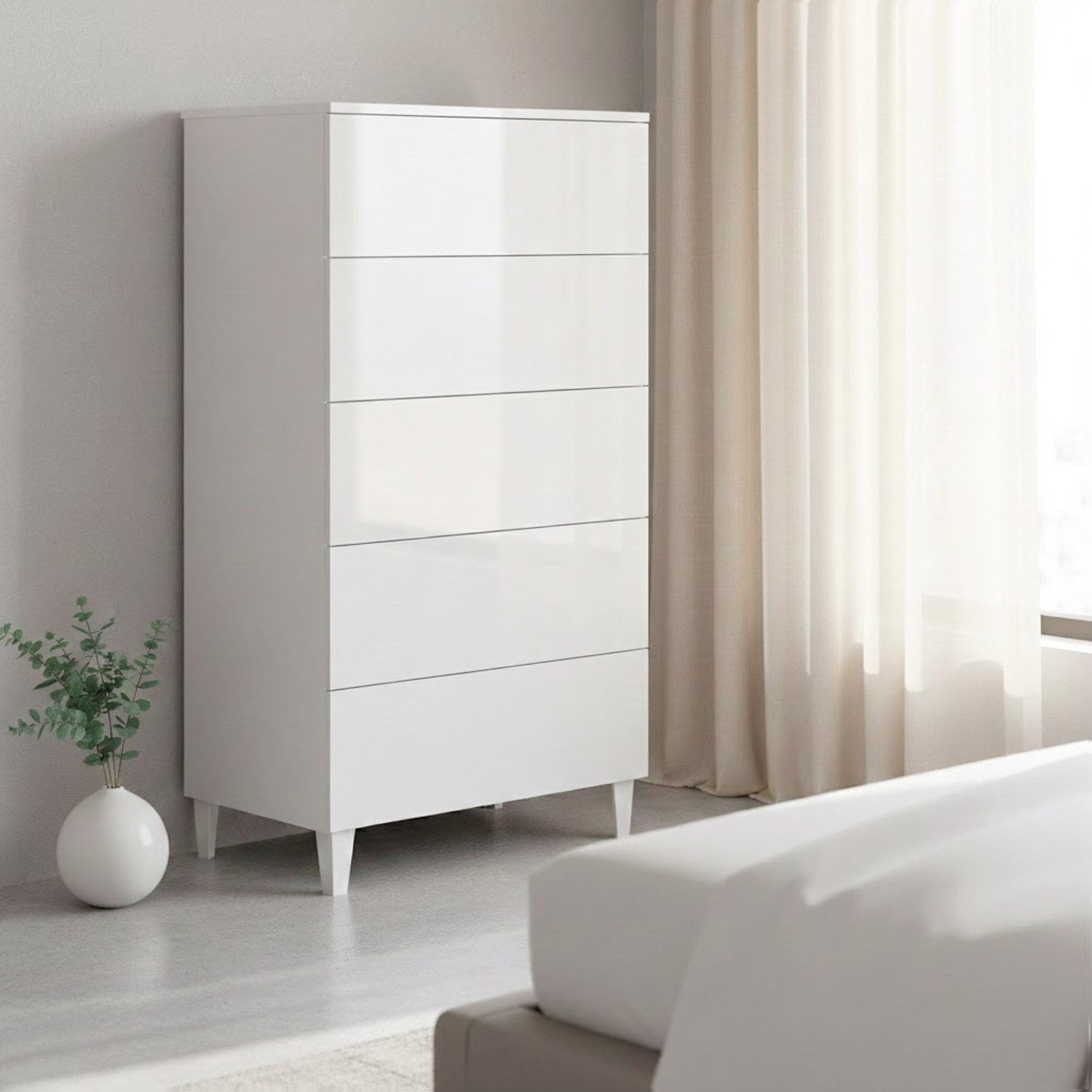 Comodino Con 5 Cassetti Cassettiera Settimino Mobile Da Camera Da Letto Moderno Mobiletto Con Piedini Montaggio Facile 60 x 40 x 117 Cm Bianco Lucido