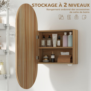 Armoire miroir design ovale dim. 45 x 90 cm étagère effet bois clair