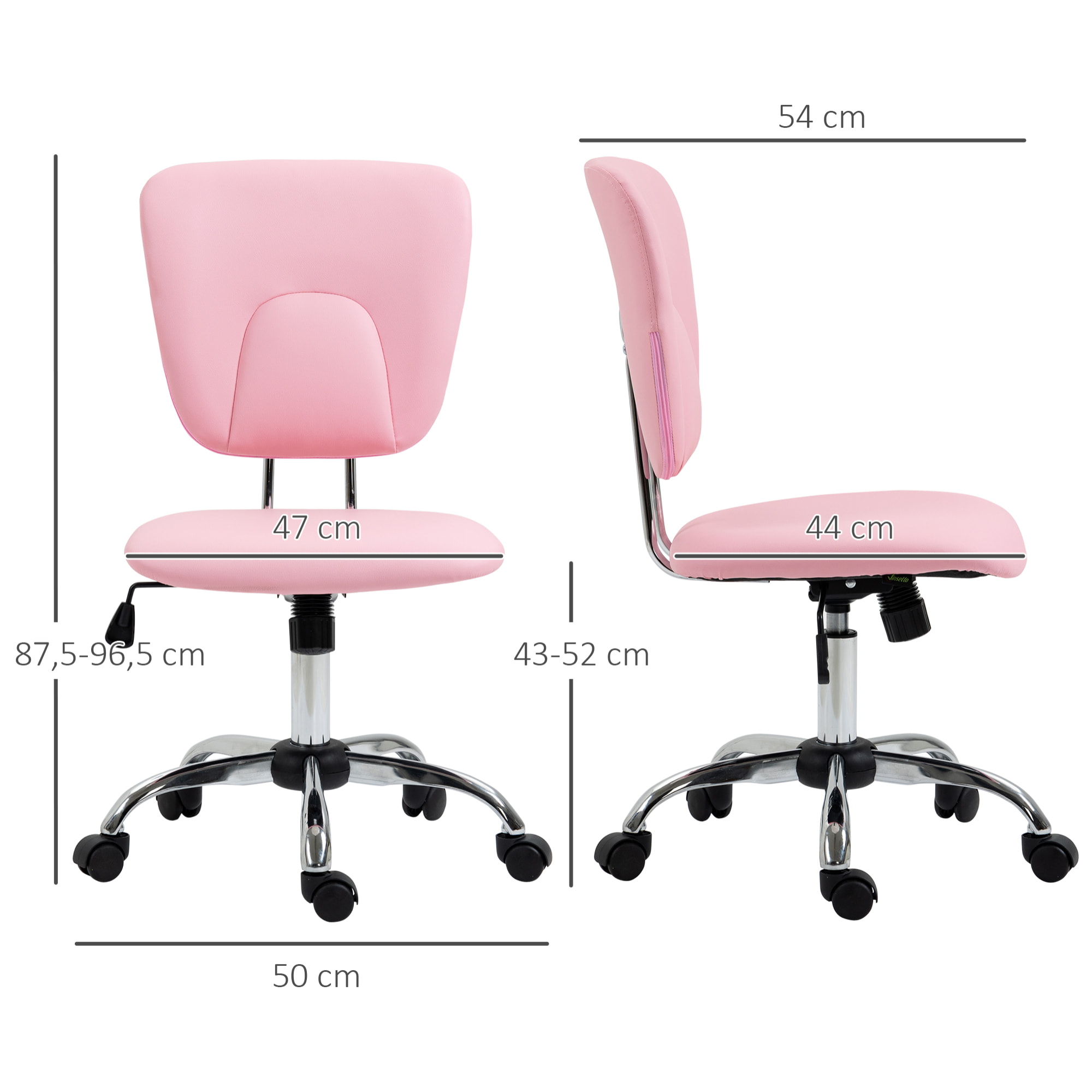 Silla de Oficina Silla de Escritorio Giratoria de Cuero PU con Altura Ajustable y Función de Inclinación para Salón Dormitorio Estudio Carga 120 kg 50x54x87,5-96,5 cm Rosa