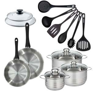 Set de 2 poêles inox, couvercle verre, 3 faitouts inox et 6 ustensiles RPET Fackelmann Geneva