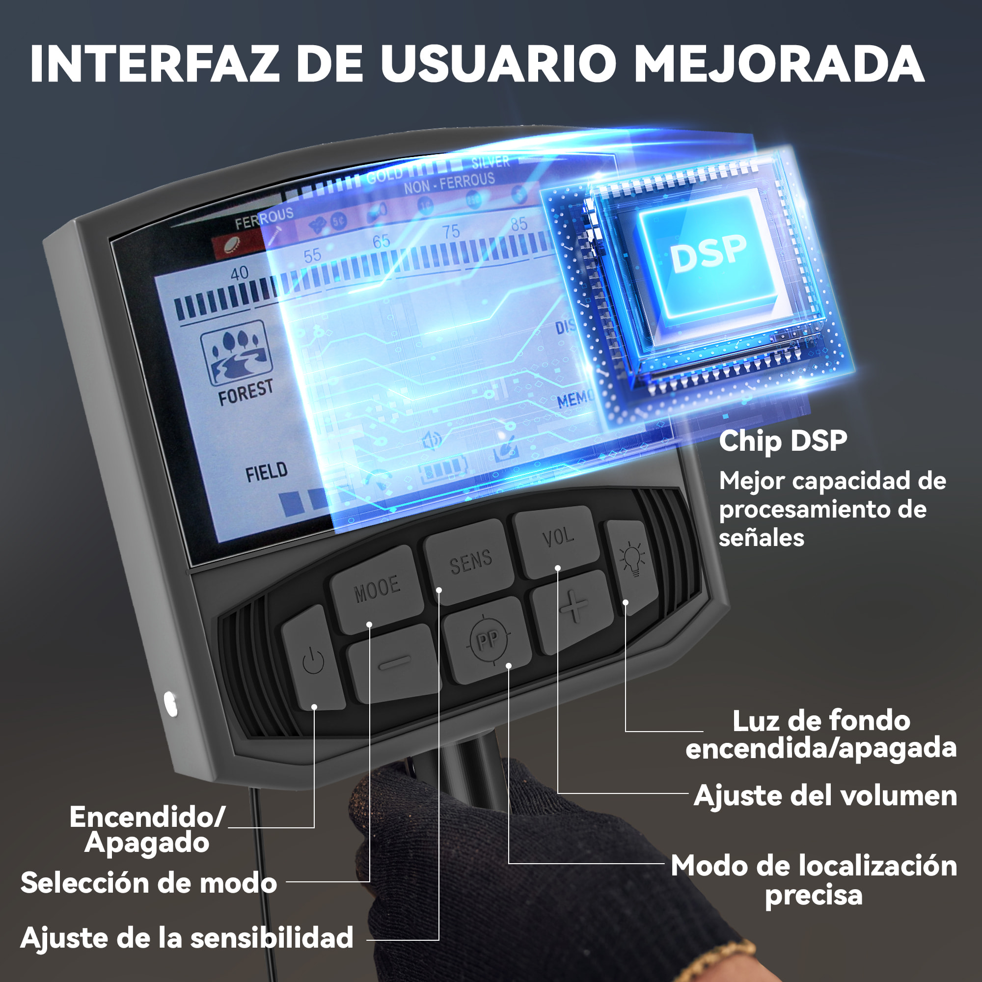 Detector de Metales para Adultos y Niños con Batería Detector IP68 con 5 Modos y Memoria Pantalla LCD Retroiluminada Chip DSP 28x21x48-130 cm Gris Oscuro