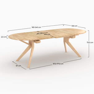Table extensible en bois d'hévéa massif clair 6 à 10 personnes - Oli