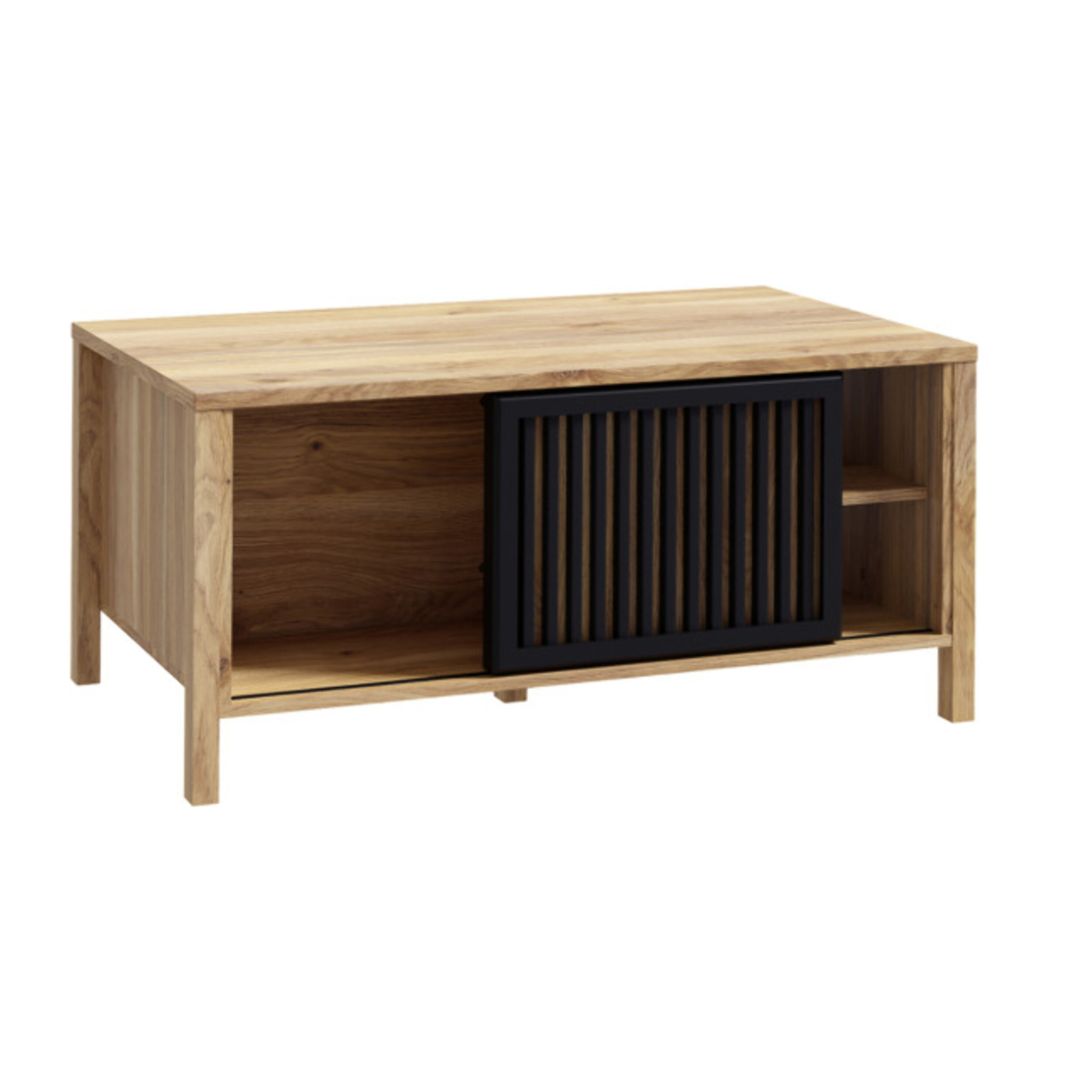 Table basse L106 cm 3 niches 1 porte décor bois chêne et noir - BOSTON