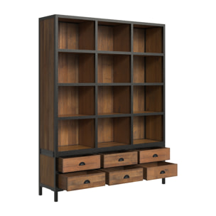 Bibliothèque 6 tiroirs 12 niches en métal et bois de cèdre - Shelby