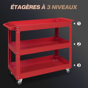 Chariot desserte d'atelier acier 3 plateaux sur roulettes avec poignée - charge max. 150 kg - 83 x 35,3 x 76 cm rouge