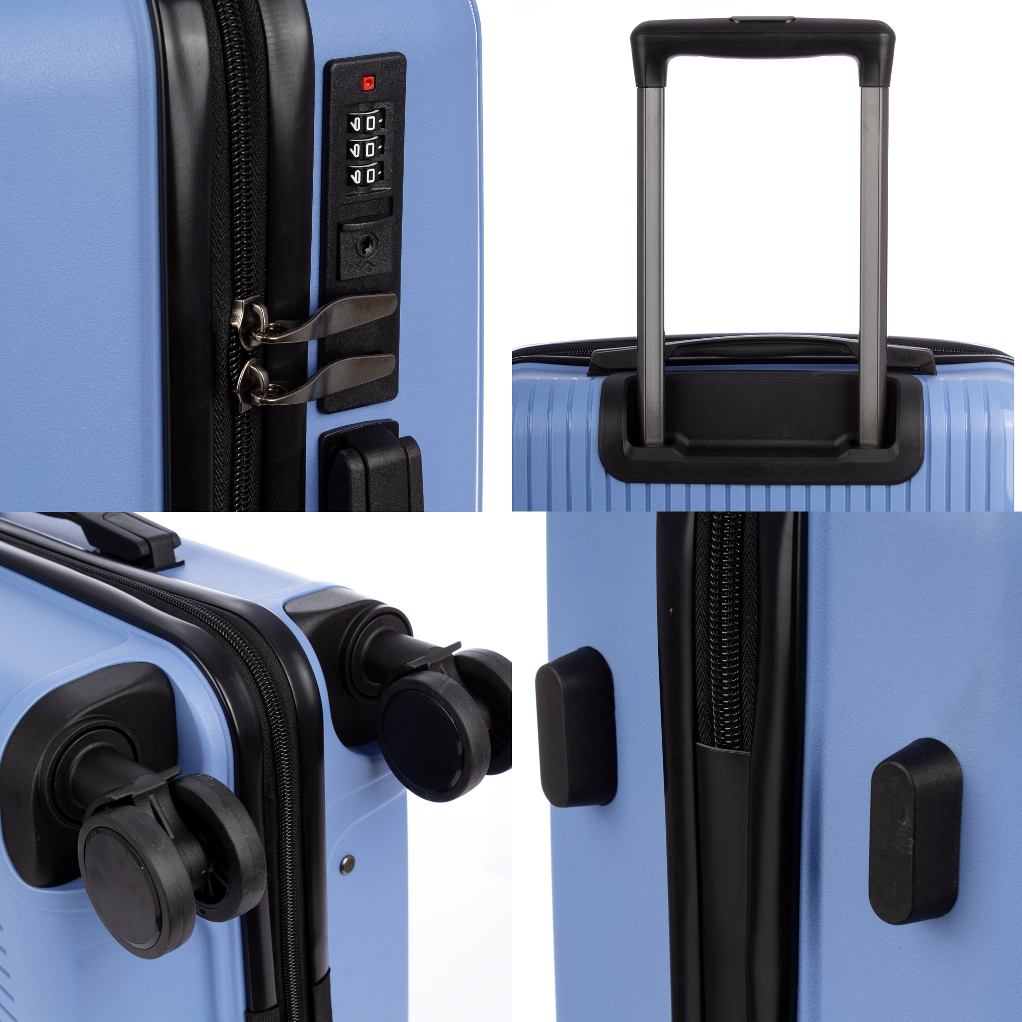 Set di 3 valigie Trolley, in materiale leggero PP resistente alla rottura. Chiusura TSA numerica, 4 ruote doppie girevoli a 360°.