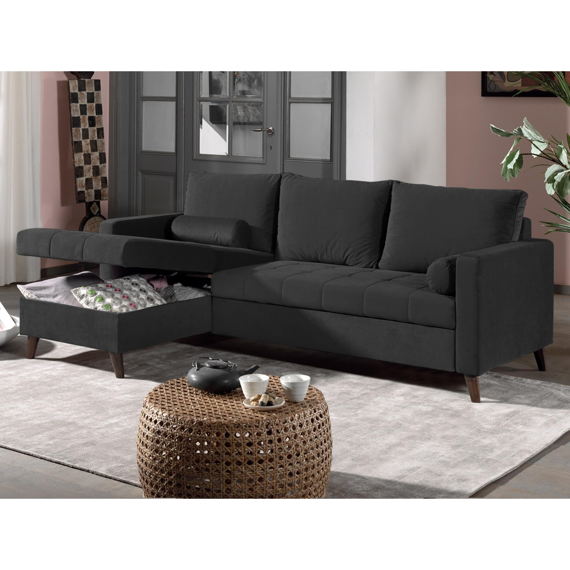 POLAR - Canapé d'angle réversible convertible - en velours au design scandinave - 4 places - Gris foncé