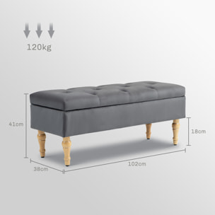 Banquette coffre style baroque - piètement bois assise effet capitonné velours gris