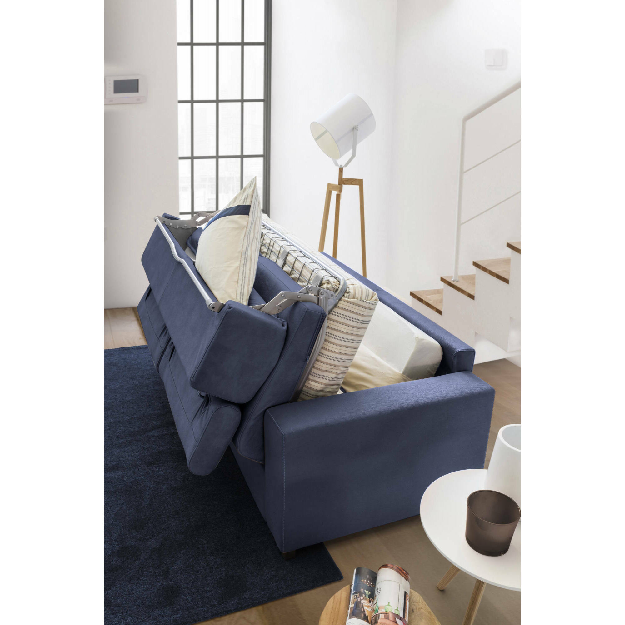 Divano letto con penisola Afar, Sofà con apertura girevole, Penisola contenitore Destra, Braccioli slim, 100% Made in Italy, Cm 260x95h90, Blu