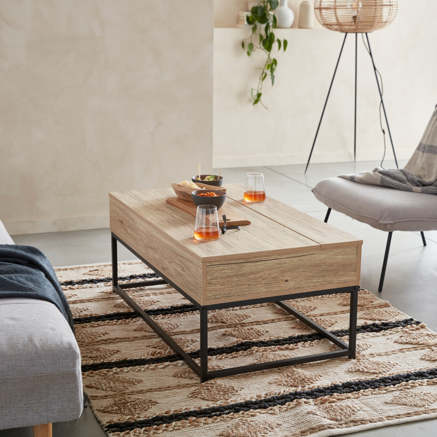 Table basse industrielle décor bois plateau relevable LOFT