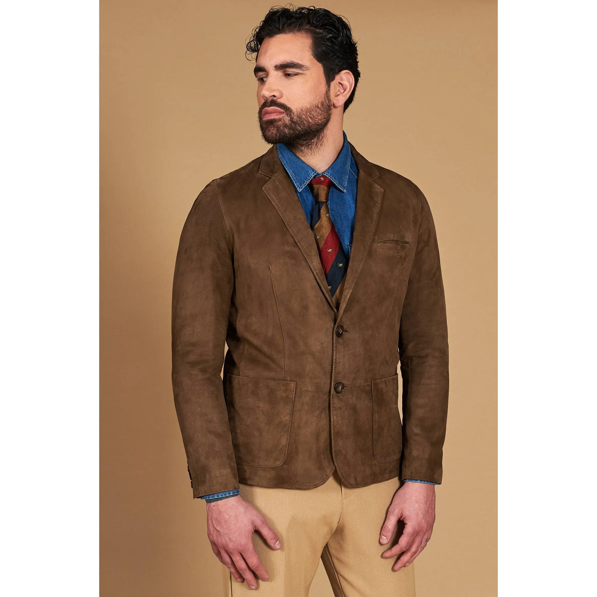 Blazer in pelle scamosciata color fango con due bottoni