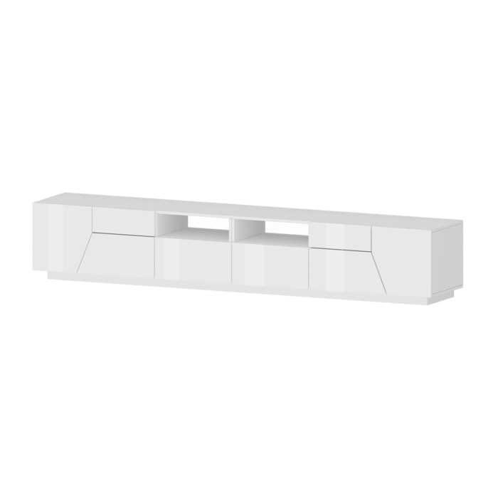 Mobile da soggiorno Porta TV, Made in Italy, Supporto per TV da salotto a 4 ante geometriche e 2 cassetti, Cm 260x43h46, Bianco lucido