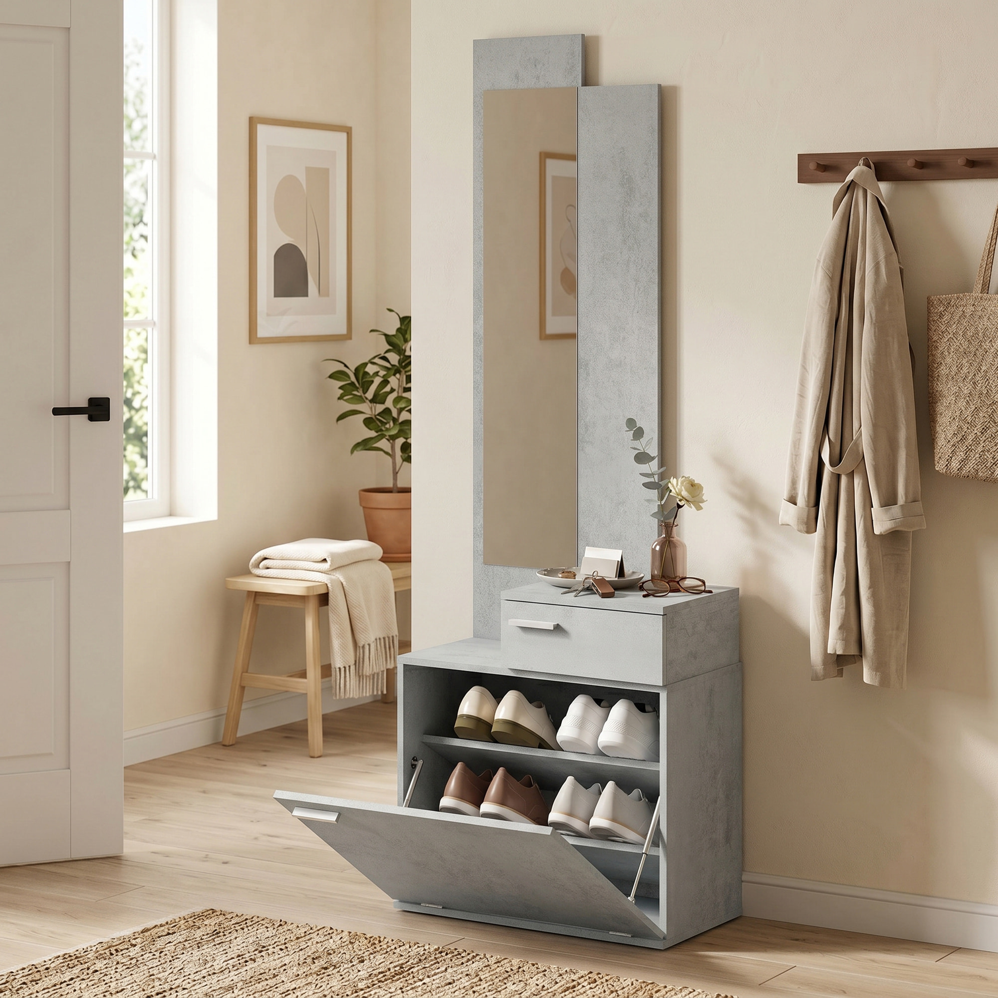 Ensemble meuble d'entrée avec meuble à chaussures abattant, vestiaire avec miroir, tiroir et plateau, gris