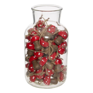 Décoration de sapin champignon en bois dans une jarre rouge