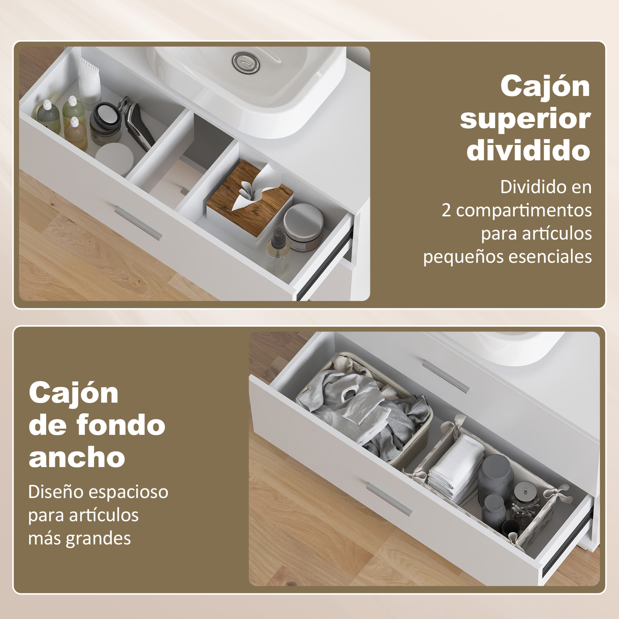 Mueble Bajo Lavabo, Mueble de Baño con 2 Cajones, Estilo Moderno, para Lavabo sin Pedestal, 80x30x60 cm, Blanco