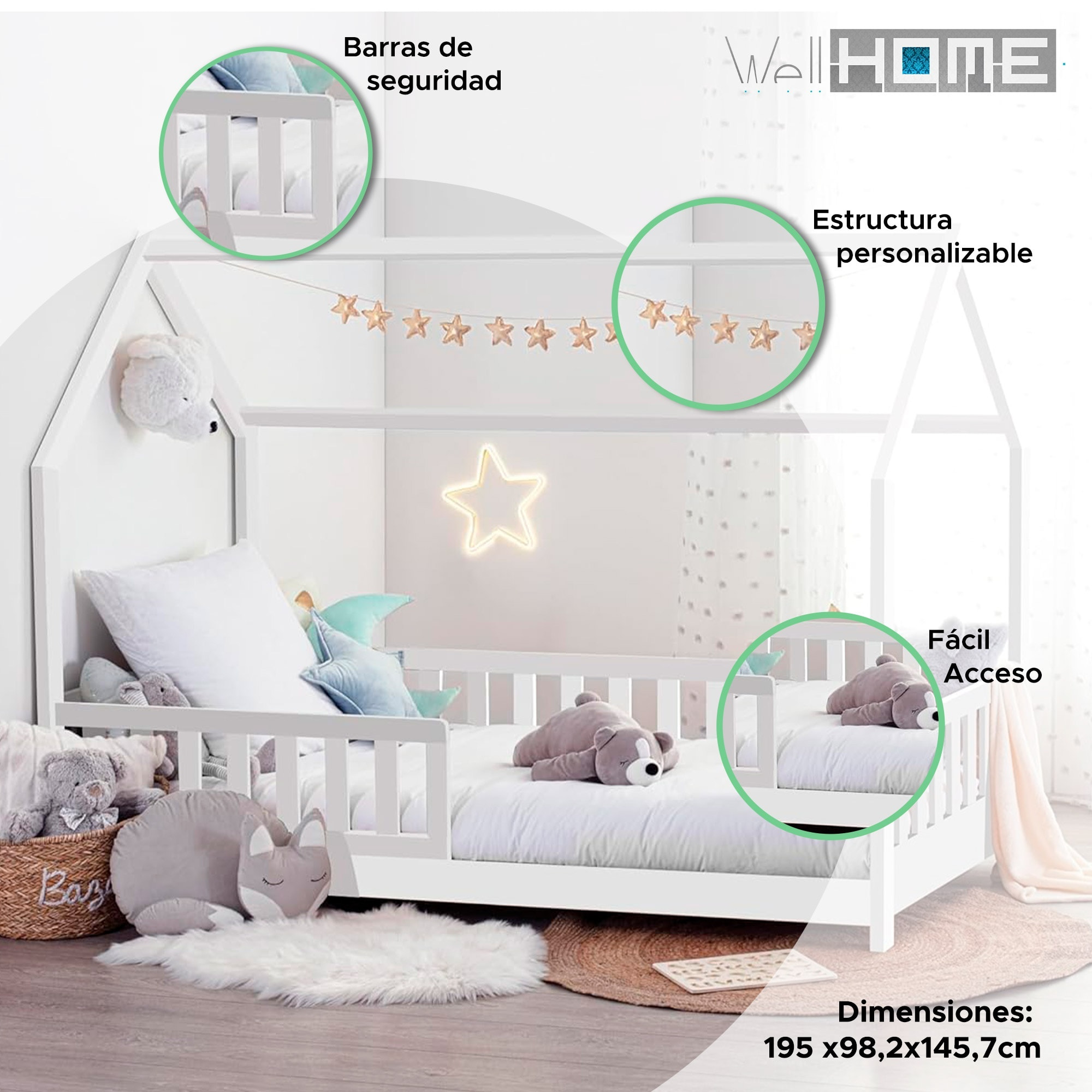 Cama infantil modelo cabaña de pino lacada en blanco 90x190cm