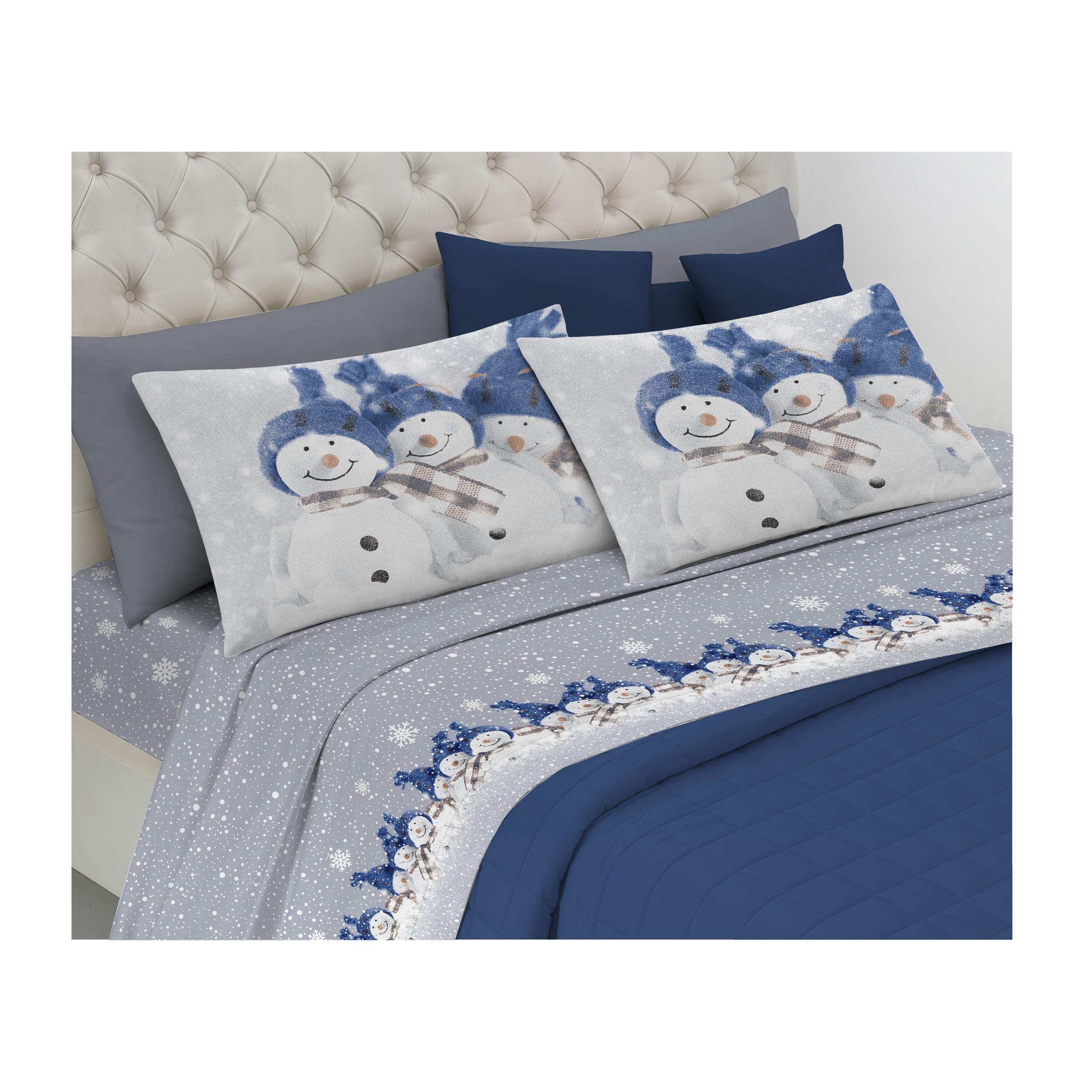 Completo Lenzuola Flanella Snowman Blu