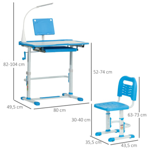 Juego de Escritorio y Silla para Niños de +6 Años Pupitre Infantil con Altura Ajustable Mesa Inclinable Cajón Lámpara LED y Portalápices 80x49,5x82-104 cm y 35,5x43,5x63-73 cm Azul