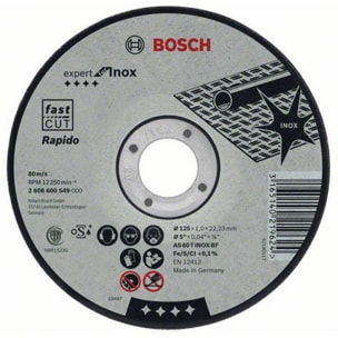 Disque EXPERT à tronçonner BOSCH à moyeu plat Spécial inox 125X1.0 MM - 2608600549