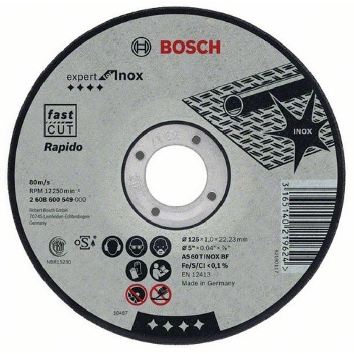 Disque EXPERT à tronçonner BOSCH à moyeu plat Spécial inox 125X1.0 MM - 2608600549