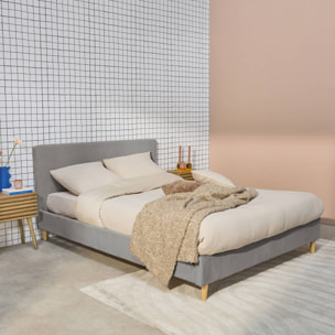 Lit avec sommier à lattes et tête de lit. L 202 x P 148 x H 89cm. gris. finition velours côtelé (grosse côte)