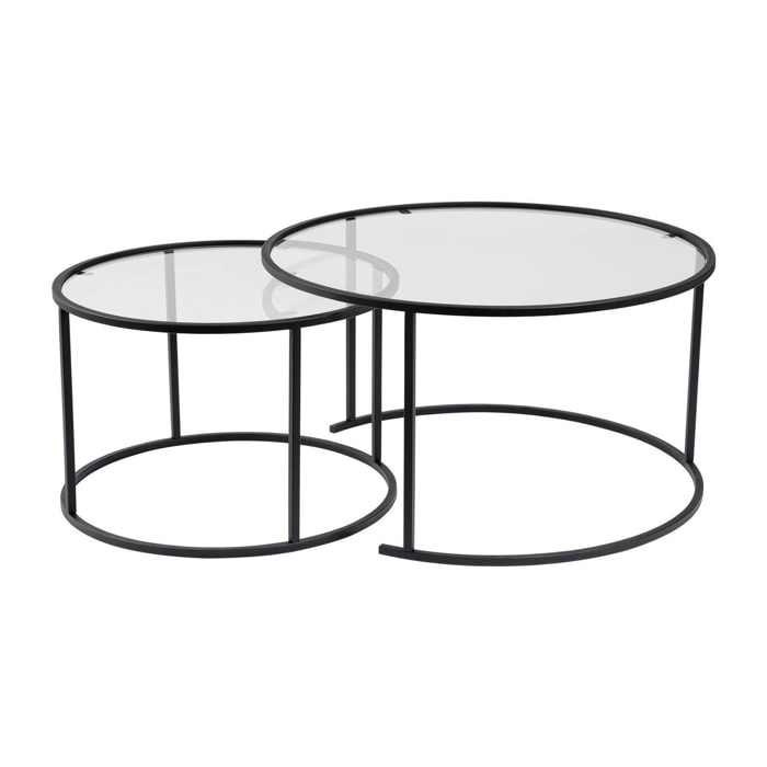 Set di 2 tavolini da salotto Aedion, Tavolo basso da caffè, Portariviste per divano, Ripiano da soggiorno, 80x80 h43 cm, Nero e Trasparente
