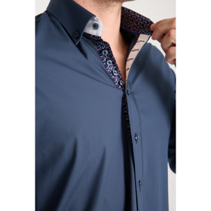 Camicia Uomo 1 Bottoni Button Down Slim Popeline Stretch Unito Blu