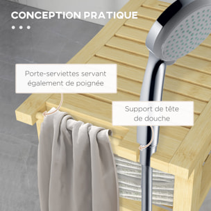 Tabouret de douche - étagère, porte-serviettes - dim. 42L x 29l x 43H cm - bambou verni