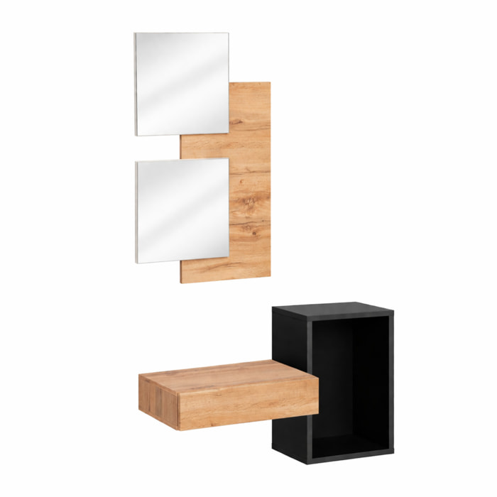 Set Mobile Ingresso Moderno Con Specchi Pensile A Giorno Mensola Con Cassetto Salvaspazio Mobile Da Parete 100 x 170 x 30 Cm Nero E Rovere