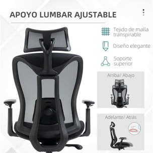 Silla de Oficina de Malla Silla de Escritorio Reclinable con Reposacabezas Ajustable Soporte Lumbar y Reposabrazos 3D Carga 150 kg 70x66x120-128 cm Negro