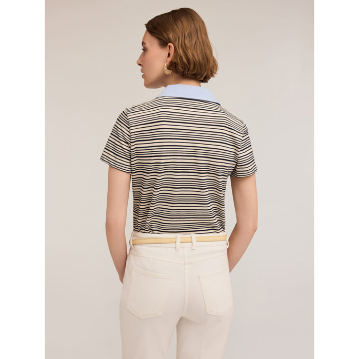 Motivi - T-shirt a righe con colletto ricamato con pietre - Blu