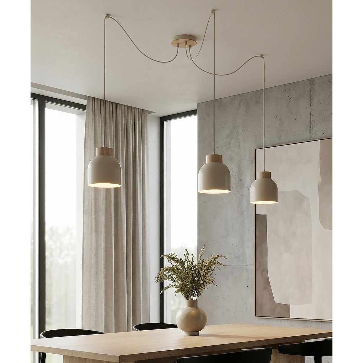 Lampada a sospensione KRU in acciaio beige e legno naturale